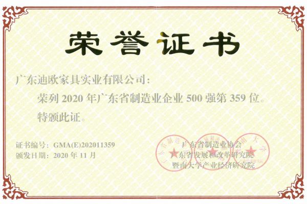 2020年广东省制造业企业500强证书