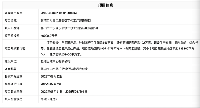恒洁卫浴集团总部数字化工厂建设项目获批 总投资4亿