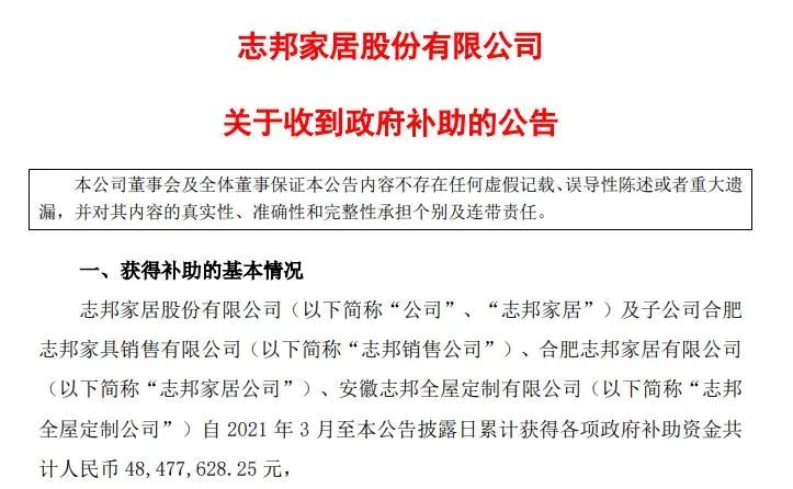 志邦家居、金牌厨柜等12家家居上市公司获高额政府补助！